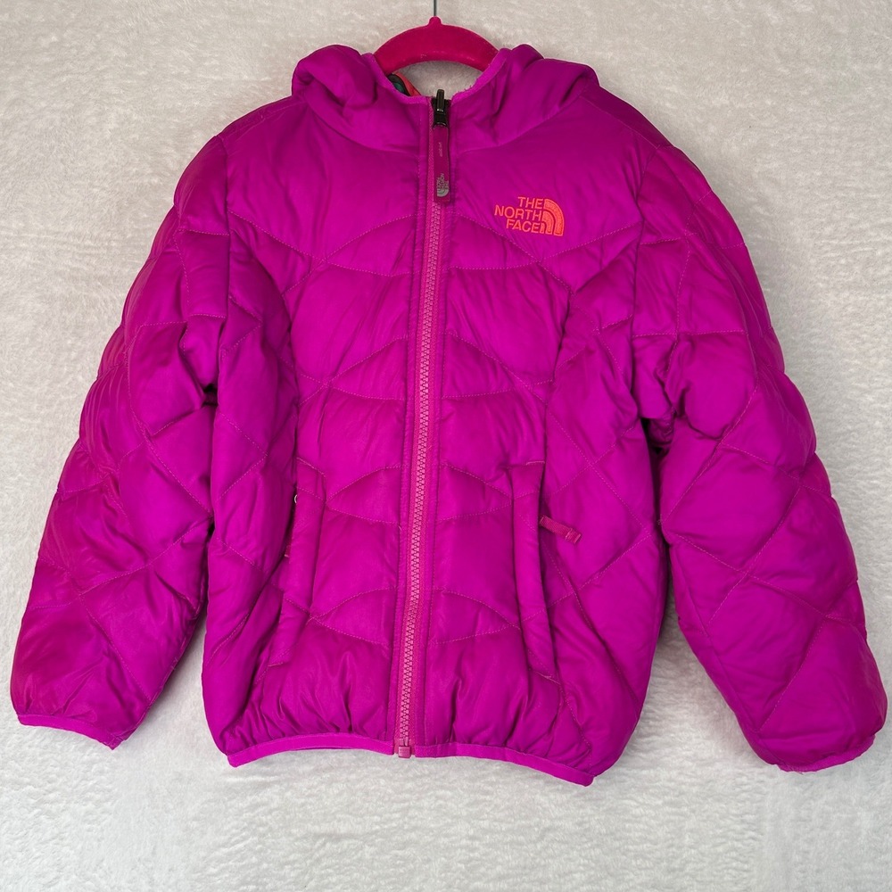 The North Face Reversible Puffer Jacket Girls XXS 5 Pink Striped Hooded Down
